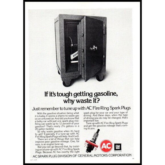 1974 AC Fire Ring Spark Plugs Vintage Print Ad Fuel Crisis Vault Safe Wall Art - Picture 1 of 1